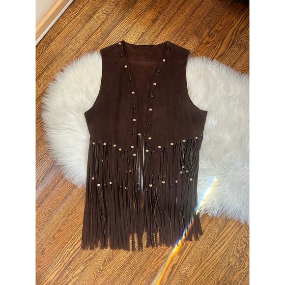 Vintage Leather Beaded Fringe Brown Vest - Picture 1 of 6